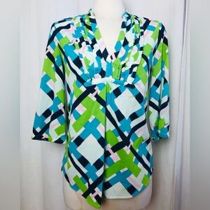 Lilly Pulitzer Sabine Ruffle Pintuck VNeck 3/4 Sleeve Gauze Tunic Geometric Sz 2